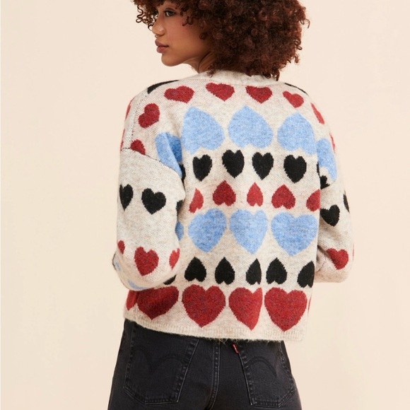 Anthropologie Free The Roses Cropped Cardigan Sweater Red Blue Hearts M - Picture 9 of 9
